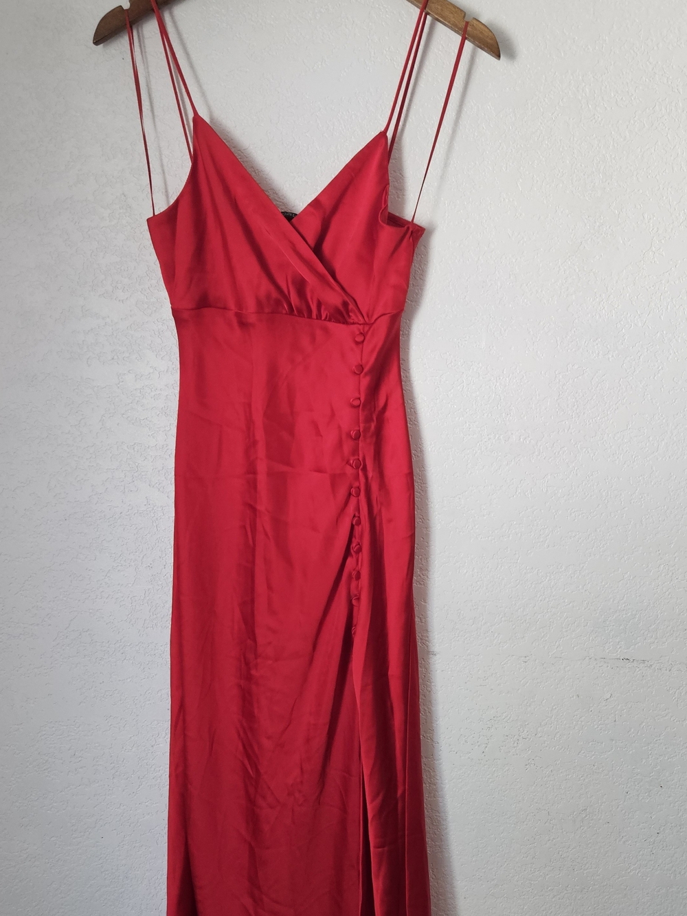 Zara Red Satin Strapless Slip Dress with Side Button Detail